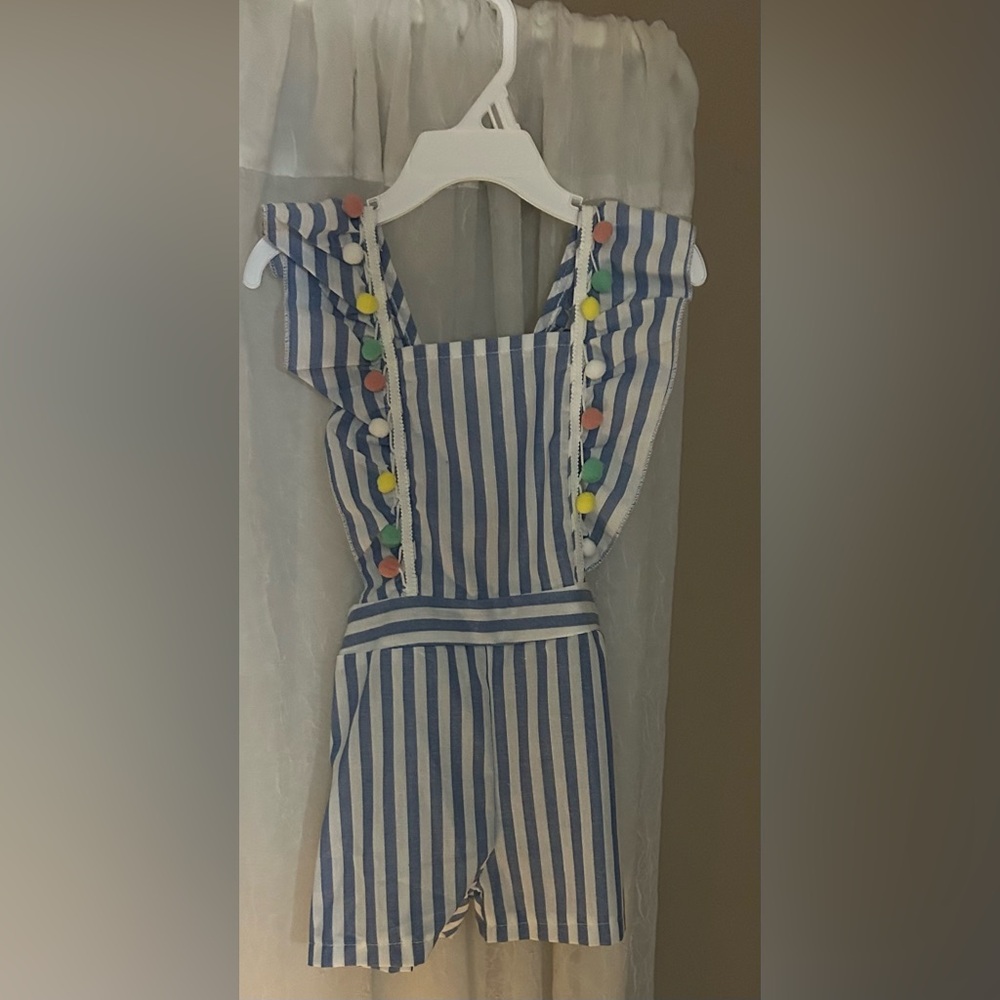Kids Blue and White Striped Romper with Pom Poms